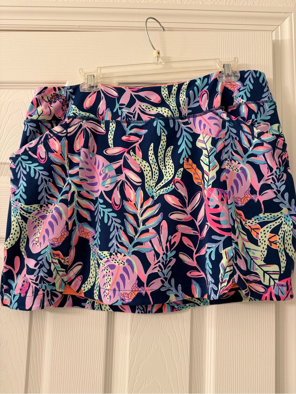 Lilly Pulitzer Navy Mini Skirt with Pink, Mint & Coral Leaf Print